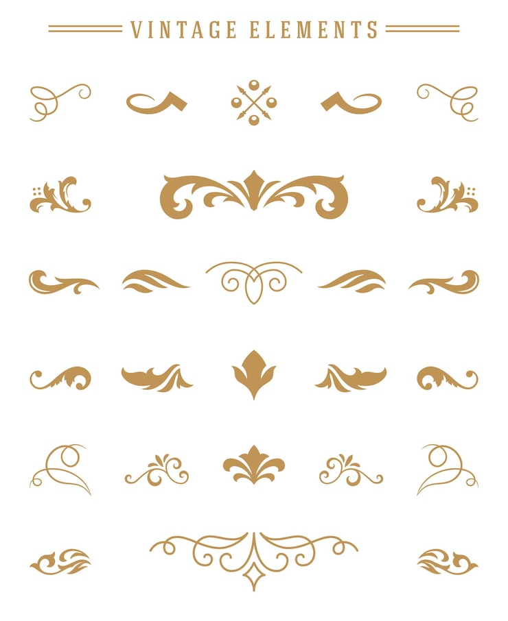 Vintage ozdoby zestaw kwiatowy elementy do projektowania zaproszeń kartki z życzeniami ramek menu i butikowych monogramów logo wektor ilustracja złoty kolor style