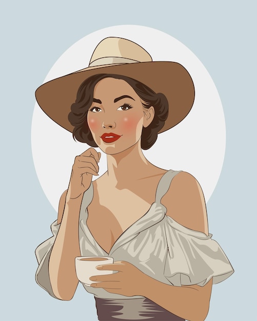 Plik wektorowy vintage poster art piękne kobiety trzymające kawę w stylu retro