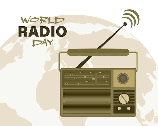 Vintage Radio Retro Na Tle Globu, światowy Dzień Radia. Baner, Plakat, Wektor