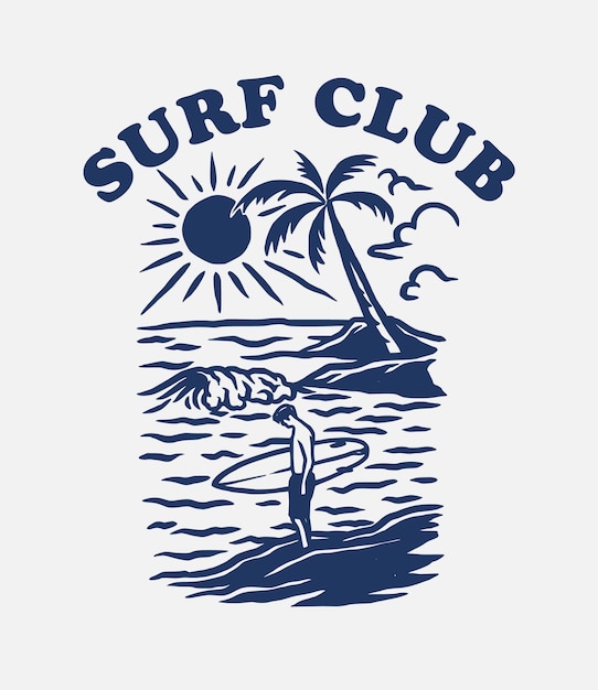 Vintage Ręcznie Rysować Ilustracja Etykiety Klubu Surfingowego