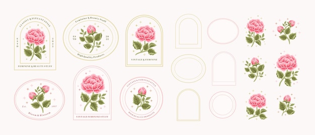 Vintage Ręcznie Rysowane Różowa Róża Kwiatowy Logo Element Kolekcji