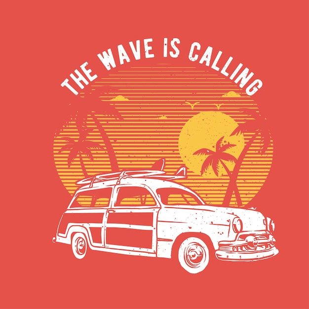 Vintage ręcznie rysowane samochód surfingowy na plaży z efektem grunge i tłem wybuchu gwiazdy