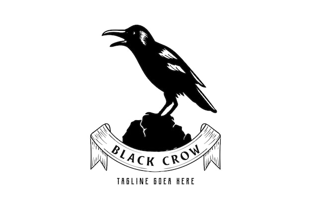 Vintage Retro Black Raven Crow Bird Ze Wstążką Do Tatuażu Logo Design Vector