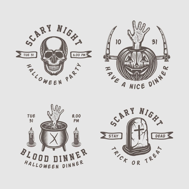 Vintage Retro Halloween Logo Emblematy Odznaki Etykiety Znaki Naszywki Monochromatyczne Grafiki