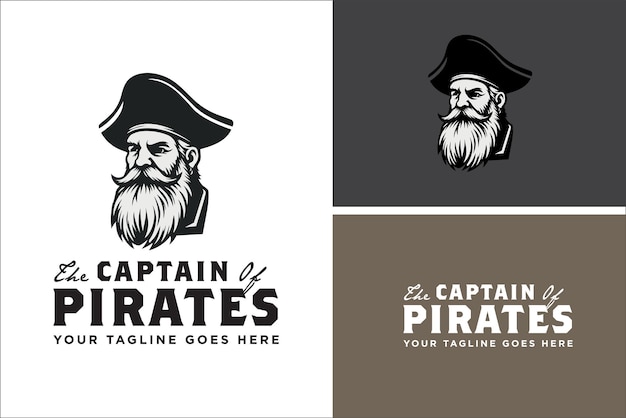 Vintage Retro Kapitan Piraci Staruszek z brodą Shipmaster Ilustracja Projekt logo