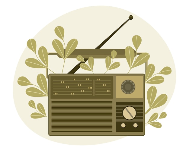 Vintage retro radio na tle gałęzi liści. Baner, plakat, wektor