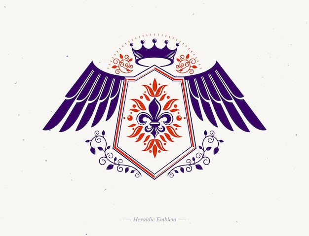 Vintage Skrzydlaty Szablon Projektu Heraldyki, Wektor Emblemat Stworzony Przy Użyciu Królewskiego Symbolu Kwiatu Lilii I Cesarskiej Korony