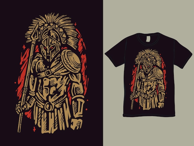 Vintage Spartański Wojownik Trzymający Projekt Koszulki Z Włócznią