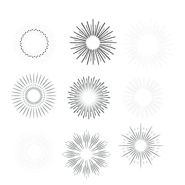 Vintage sunburst set Bursting rays sunrise fireworks starburst blast Radiant Spark Rays Geometric