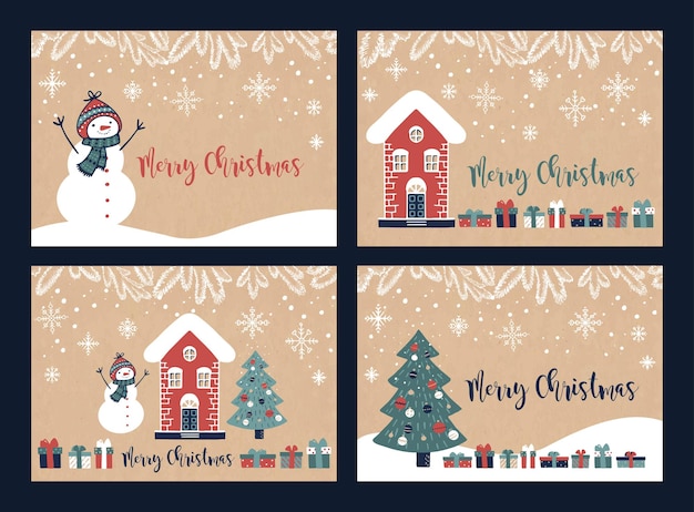 Vintage świąteczne Pocztówki Z Zimowym Domem Bałwan Choinką I Prezentami Oraz Napisem Merry Christmas