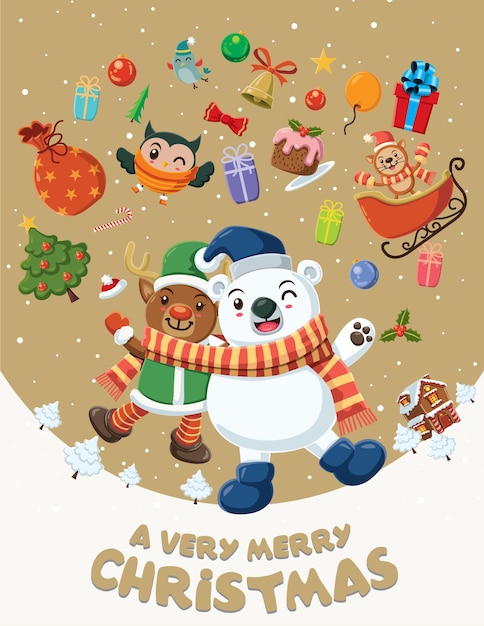 Vintage świąteczny Projekt Plakatu Z Postaciami Kota Sowy Renifera Z Niedźwiedzia Polarnego