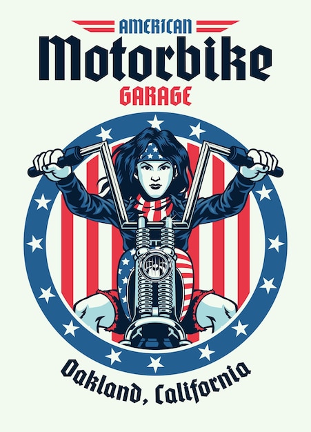 Vintage Tshirt Design Amerykańska Kobieta Rowerzysta Jedzie Na Motocyklu Chopper