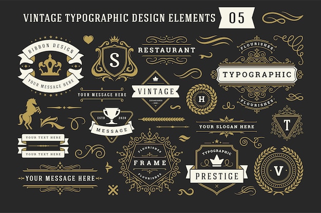 Vintage Typograficzne Ozdobne Elementy Projektu Ornament Zestaw Ilustracji