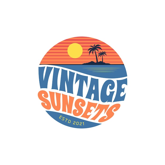 Vintage Zachód Słońca Grunge Rustykalne Wyspy Palmy Ocean Coast Wektor Inspiracji