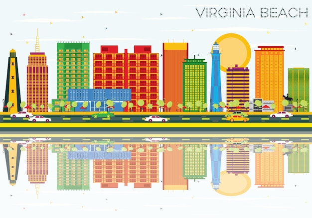 Virginia Beach Skyline Z Kolorowymi Budynkami Błękitne Niebo I Odbicia Ilustracji Wektorowych