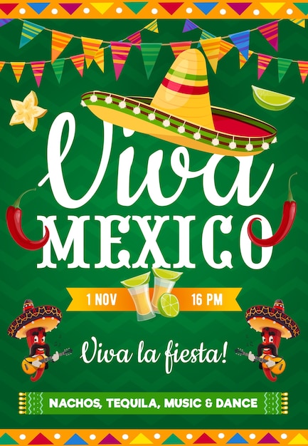 Viva Mexico Plakat Z Meksykańskimi Symbolami Sombrero