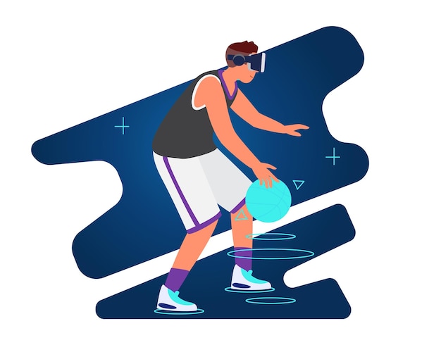 VR trening i ilustracja koncepcja sportu. Człowiek W Zestawie Słuchawkowym VR Drybling Piłka Do Koszykówki.