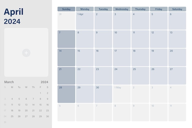 Plik wektorowy w kwietniu 2024 r. kalendarz biurkowy z miejscem na zdjęcia tygodnie rozpoczynają się w niedzielę