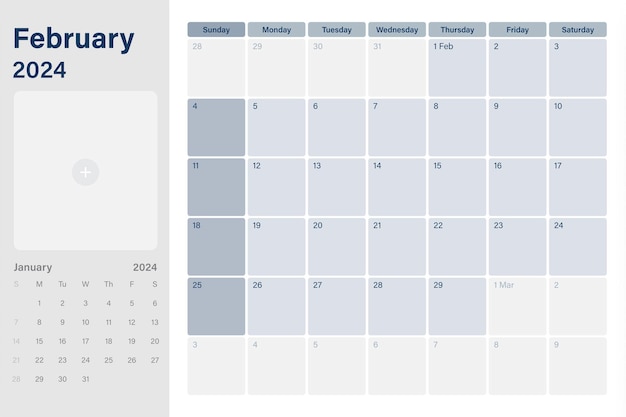 Plik wektorowy w lutym 2024 r. kalendarz biurkowy z miejscem na zdjęcia tygodnie rozpoczynają się w niedzielę