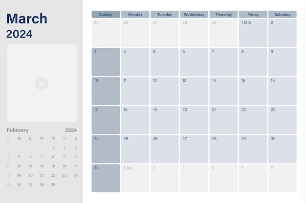 Plik wektorowy w marcu 2024 r. kalendarz biurkowy z miejscem na zdjęcia tygodnie rozpoczynają się w niedzielę