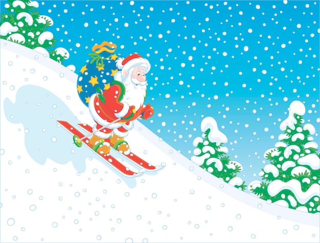 W śnieżny Zimowy Dzień święty Mikołaj Zjeżdża Ze Wzgórza Ze Swoją Magiczną Torbą świątecznych Prezentów