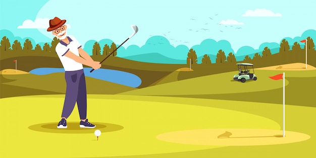 W wieku golfista Uderzaj w długie pole golfowe na pięknym polu golfowym