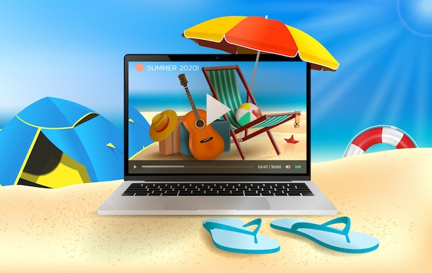 Wakacje letnie, realistyczna ilustracja na plaży i w Internecie. Laptop, parasol plażowy, gitara, piłka plażowa.