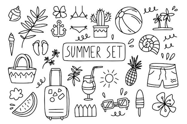 Wakacje na plaży elementy rysunków linii morskich Lato doodle szkic szkic