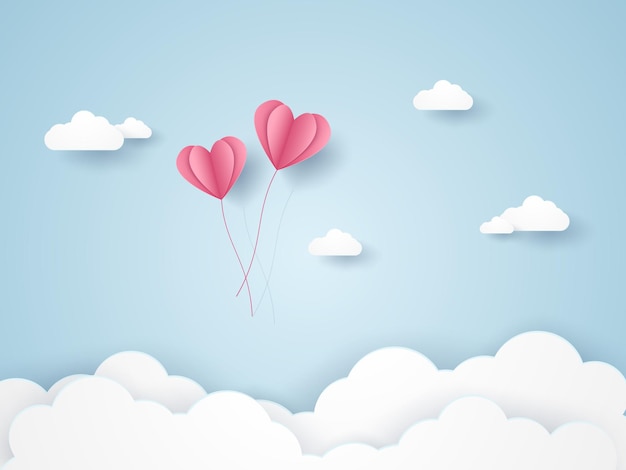 Walentynki, Ilustracja Miłości, Balony Różowe Serce Latające W Błękitne Niebo, Styl Sztuki Papieru