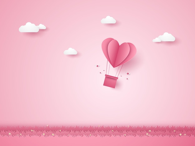 Walentynki Ilustracja Miłości Różowe Serce Balonów Na Gorące Powietrze Latające Nad Trawą