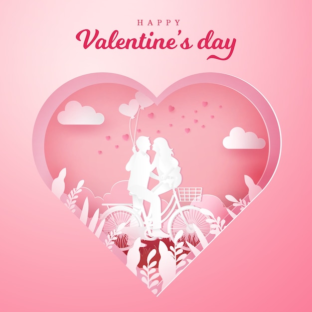 Walentynki kartkę z życzeniami. para siedzi przy jednym rowerze i patrzy na siebie jedną ręką trzymając balony w kształcie serca na rzeźbione serce