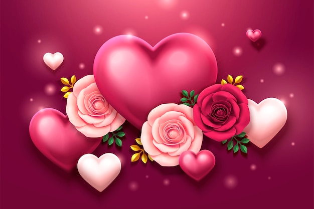 Walentynki projekt z różami i dekoracjami w kształcie serca w ilustracji 3d