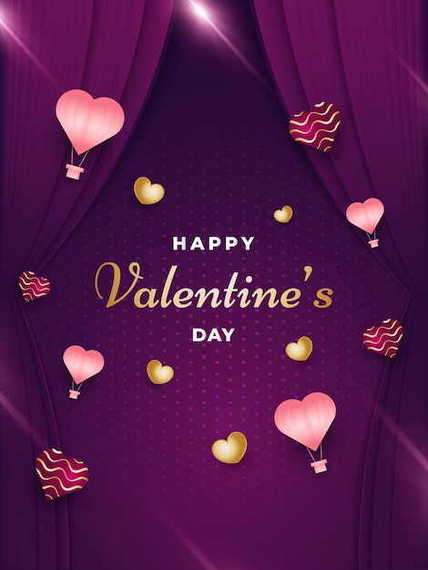Walentynkowa Kartka Z życzeniami Lub Plakat Z Rozrzuconymi Sercami, świecącymi Flarami I Zasłonami W Stylu Cięcia Papieru Na Fioletowym Tle
