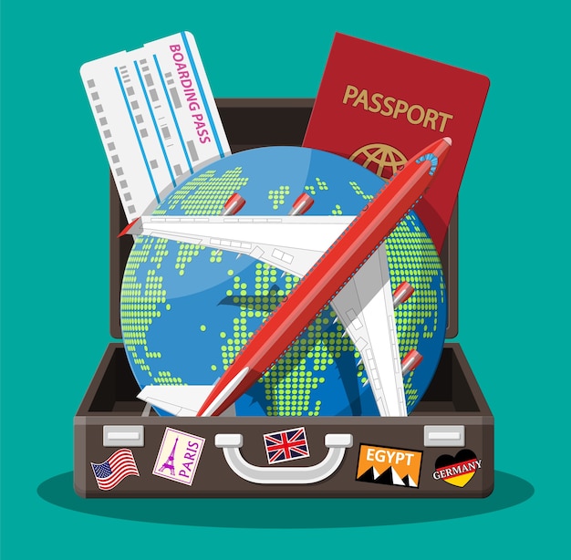 Plik wektorowy walizka podróżna z naklejkami przedstawiającymi kraje i miasta z całego świata. glob z celami podróży. samolot, bilet i paszport. urlop i wakacje.