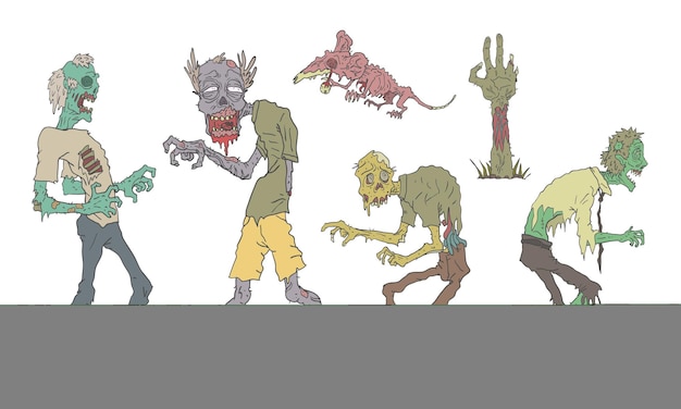 Walking Zombies Set Nieumarli Ludzie i zwierzęta Zombie Apocalypse Ilustracja wektorowa