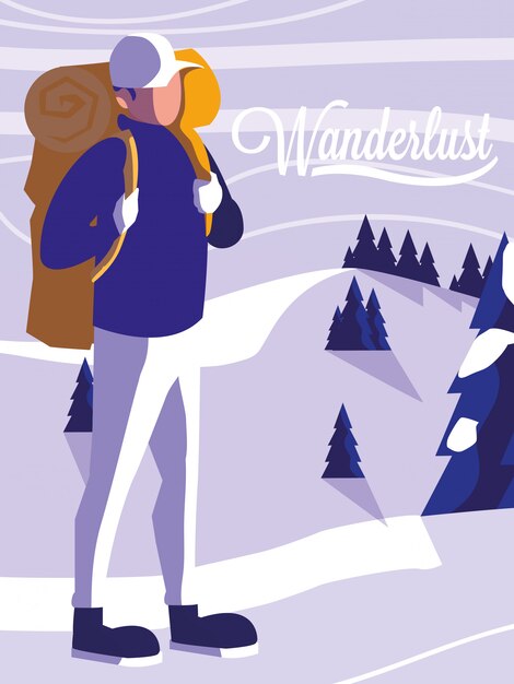 Plik wektorowy wanderlust plakat z ilustracją podróżnika i snowscape