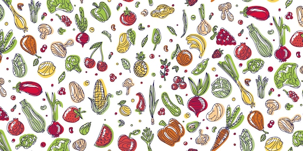 Warzywa i owoce w kolorze Bezszwone ręcznie narysowane rysunki na ciemnym tle Ilustracja