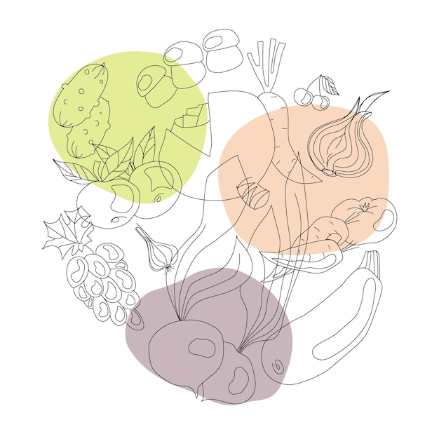 Warzywa i owoce wektor ilustracja w liniowej grafiki Zdrowa żywność na białym tle