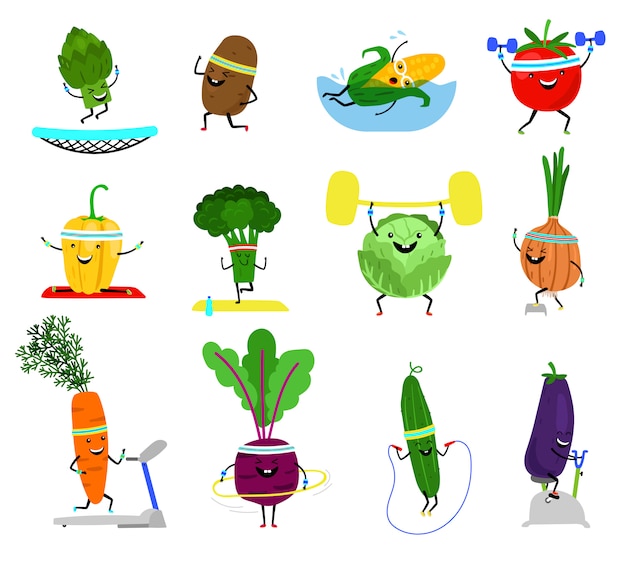 Plik wektorowy warzywa sportowe postacie. zabawny zestaw warzywny wellness z roześmianymi twarzami podczas ćwiczeń sportowych, marchewką brokuł, ogórkiem z żółtej papryki