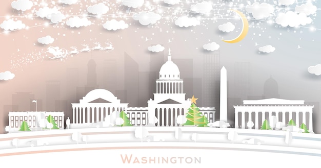 Waszyngton Dc Usa City Skyline W Stylu Paper Cut Z Płatkami śniegu, Księżycem I Neonową Girlandą