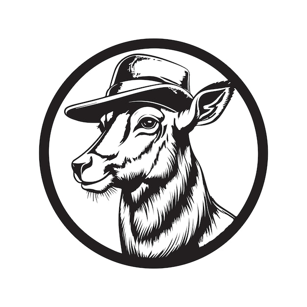 Waterbuck sobie kapelusz vintage logo grafik koncepcja czarno-biały kolor ręcznie rysowane ilustracja