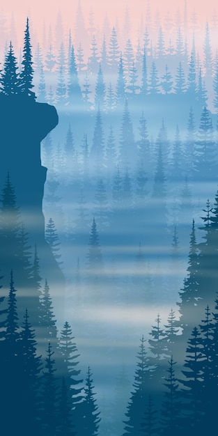Plik wektorowy wąwóz górski kanion las iglasty w porannej mgle pionowy baner