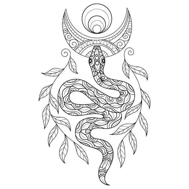 Plik wektorowy wąż i księżyc ręcznie rysowane dla dorosłych kolorowanka