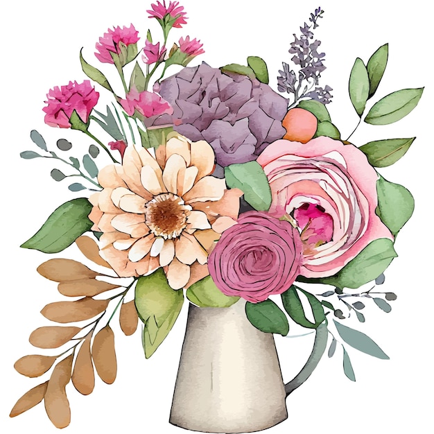 Plik wektorowy wazon z kwiatami jest wypełniony kwiatami i liśćmi.