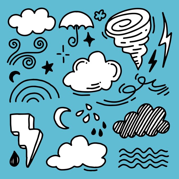 Weather Doodle Vector Set ilustracja z ręcznie narysowanym stylem artystycznym