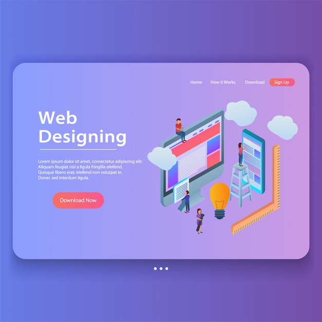 Plik wektorowy web design concept ilustracja izometrycznej strony docelowej gradientu