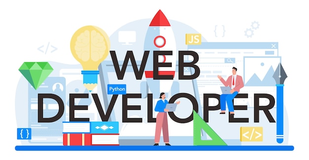 Web Developer Typograficzny Nagłówek Optymalizacja Witryny I Projektowanie Interfejsu Strony Internetowej Kodowanie I Testowanie Witryny W Internecie Nowoczesna Technologia Pomysł Izolowana Płaska Ilustracja Wektorowa