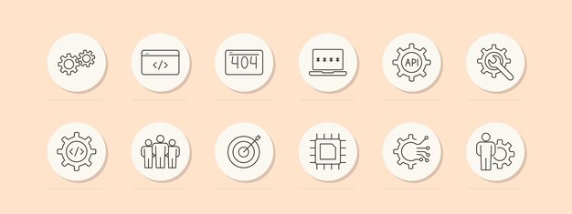 Web development set icon Gears coding error 404 API password target chip teamwork Software programming internet concept Wektorowe ikony linii na beżowym tle