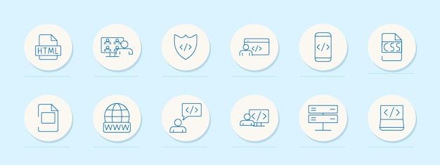 Web development set icon HTML team shield user mobile coding CSS document WWW speech bubble code presentation Coding programming cybersecurity education concept