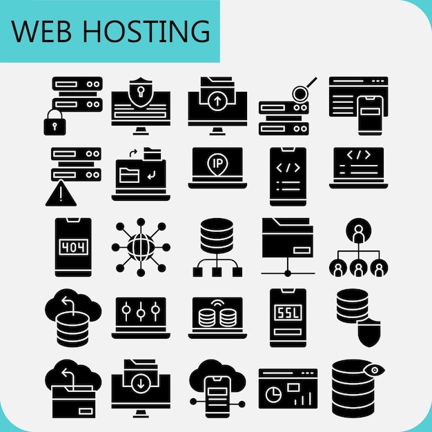 Web hosting wypełniony pakietem ikon dla serwera internetowego